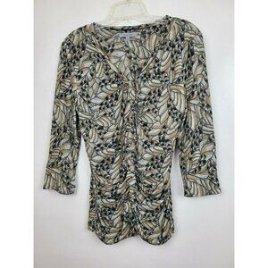 Classiques Entier Womens Tan Black Printed Ruffle 3/4 Sleeve Ruched Top Large